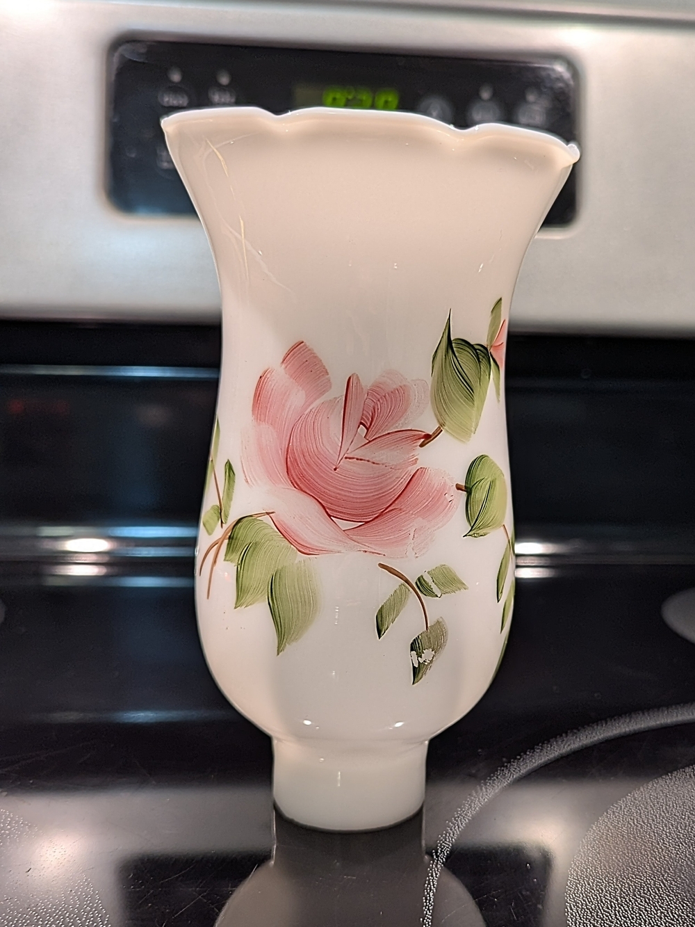 Vintage Hand-painted, Fluted,Ruffled,White Glass,Electric Parlor Lamp Chimney